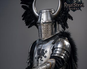 Elite Templar Griffin Knight Armor Suit | Crusader Full Body Armor with Horned Helmet- Barbuta Armor | LARP, Cosplay, Display