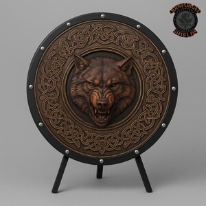 Viking Wolf Warrior Shield – Handcrafted Wooden Norse Wall Decor, Nordic Wolf Emblem with Iron Rivets, Rustic Gift for Him