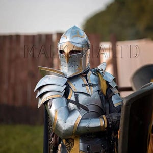 May include: A medieval knight's armor set, featuring a silver and gold helmet with a visor, shoulder guards, and chest plate. The armor has intricate detailing and is worn with black gloves and a shield. The image includes the text "MALKARI LTD".