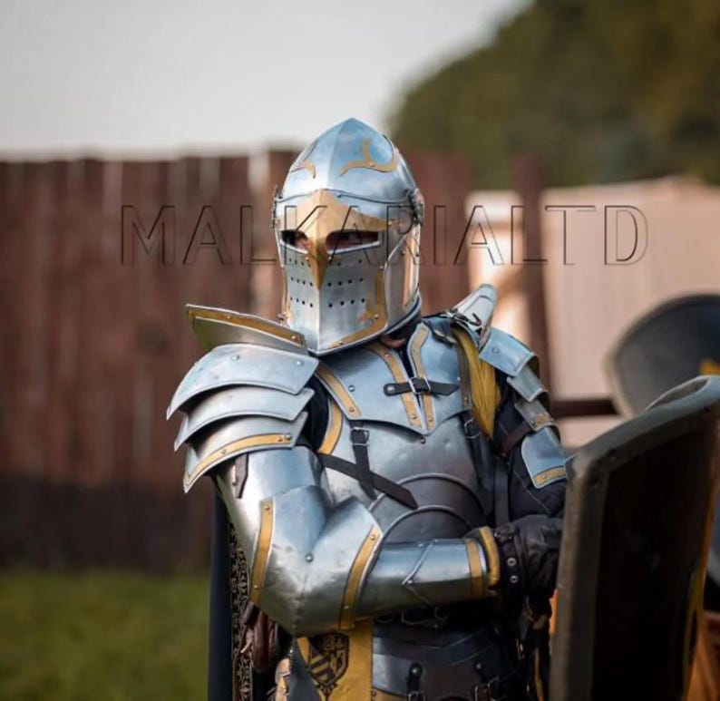May include: A medieval knight's armor set, featuring a silver and gold helmet with a visor, shoulder guards, and chest plate. The armor has intricate detailing and is worn with black gloves and a shield. The image includes the text "MALKARI LTD".