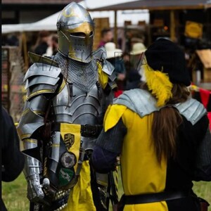 May include: A person in medieval armor stands next to another person in a yellow and black tunic. The armor is silver and gold, with a helmet and chainmail. The tunic has a yellow and black color scheme.