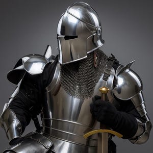 K&ouml;nnte beinhalten: Eine vollst&auml;ndige R&uuml;stung aus poliertem Stahl, einschlie&szlig;lich Helm, Schulterpanzer und Brustplatte. Die Ritterr&uuml;stung verf&uuml;gt &uuml;ber einen Kettenkragen und ein Schwert mit goldfarbenem Knauf. Der Hintergrund ist einfarbig grau.
