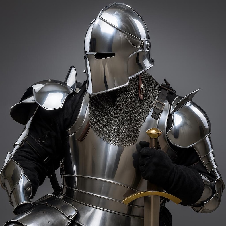 K&ouml;nnte beinhalten: Eine vollst&auml;ndige R&uuml;stung aus poliertem Stahl, einschlie&szlig;lich Helm, Schulterpanzer und Brustplatte. Die Ritterr&uuml;stung verf&uuml;gt &uuml;ber einen Kettenkragen und ein Schwert mit goldfarbenem Knauf. Der Hintergrund ist einfarbig grau.
