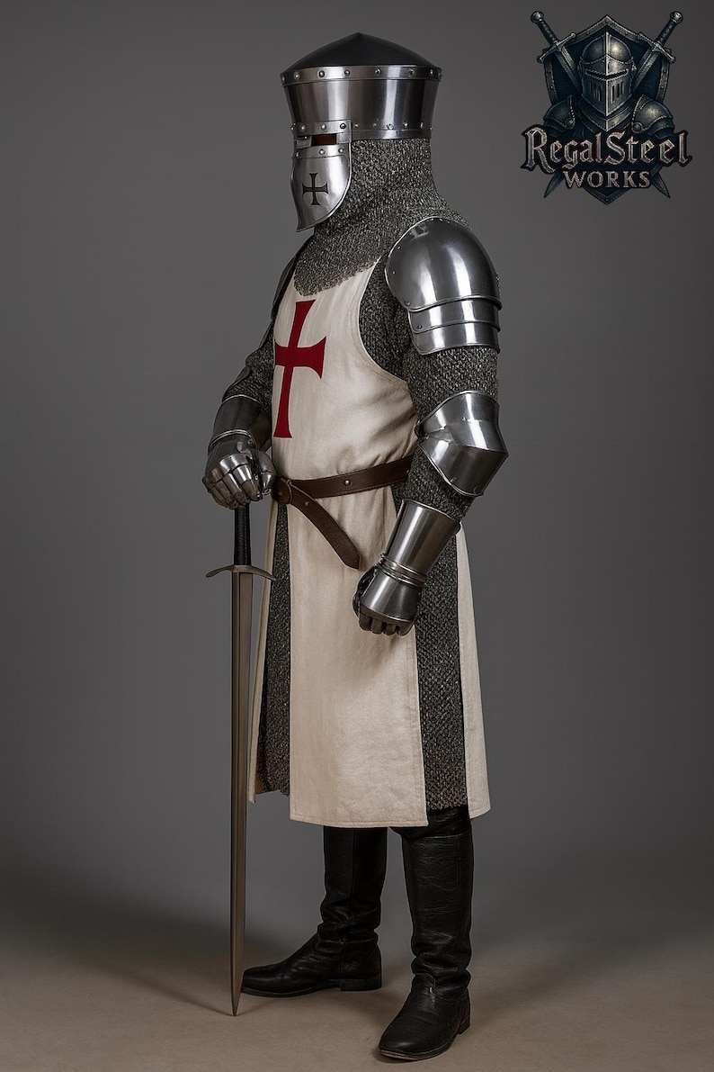 May include: A full suit of medieval armor, including a helmet, chainmail, and metal plating. The white tunic features a large red cross. The knight holds a long sword. The Regal Steel Works logo is visible.