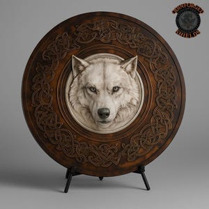 White Wolf Viking Shield – Handcrafted Wooden Norse Wall Art, Nordic Warrior Decor, Rustic Handmade Gift for Him