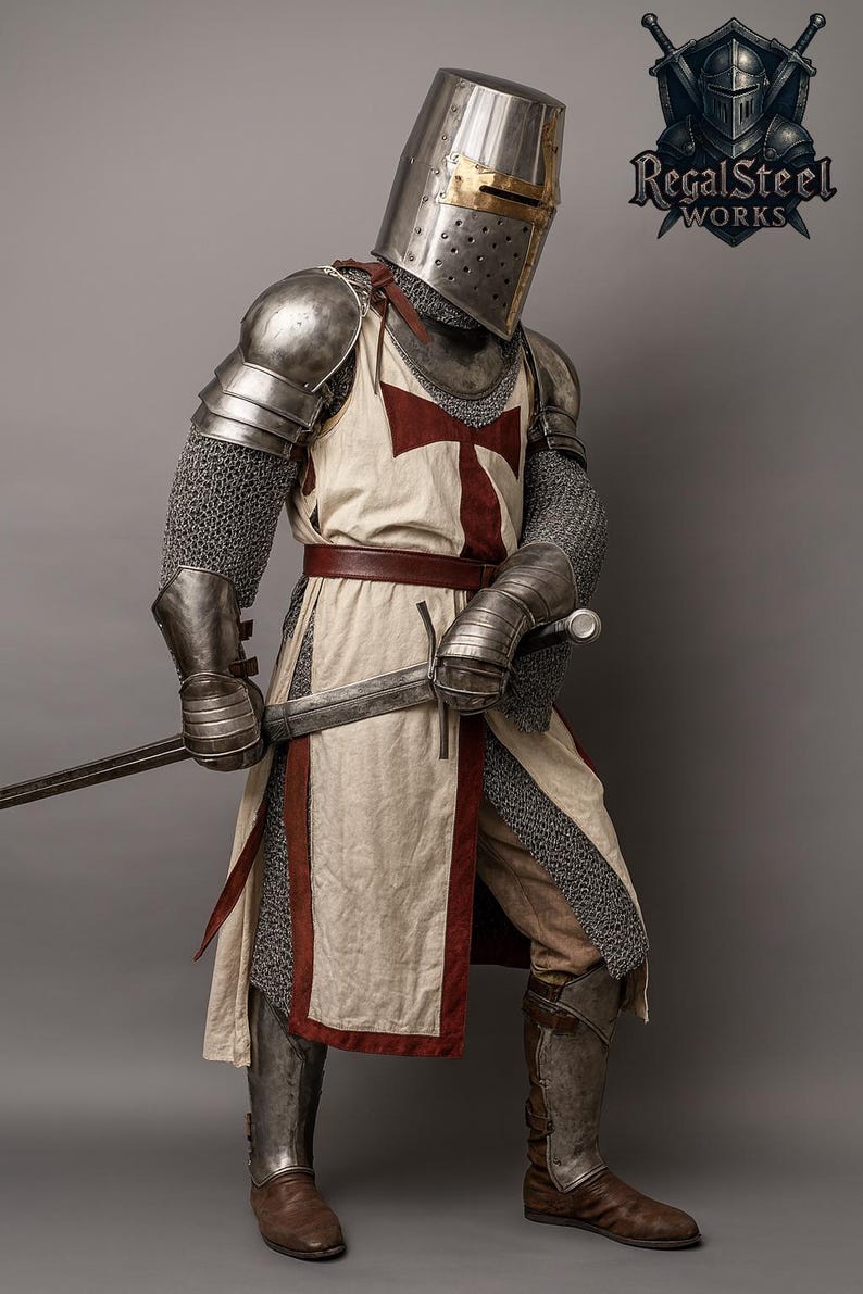 May include: A medieval knight in full armor, including a helmet, chainmail, and metal shoulder guards. The knight wears a white tunic with a red cross and holds a sword. The image includes the "Regal Steel Works" logo.