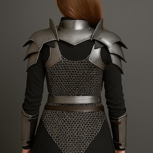 May include: A silver-colored fantasy armor set, including shoulder pauldrons, a neck guard, and chainmail. The armor is worn over a black long-sleeved top and is secured with a belt. The set also includes arm guards.