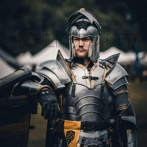 May include: A person wearing medieval armor, including a helmet, shoulder guards, and chest plate. The armor is silver with gold accents and black leather gloves. The person is leaning on a wooden structure. The image has the text "MALKALTD" and "MYTHODER".