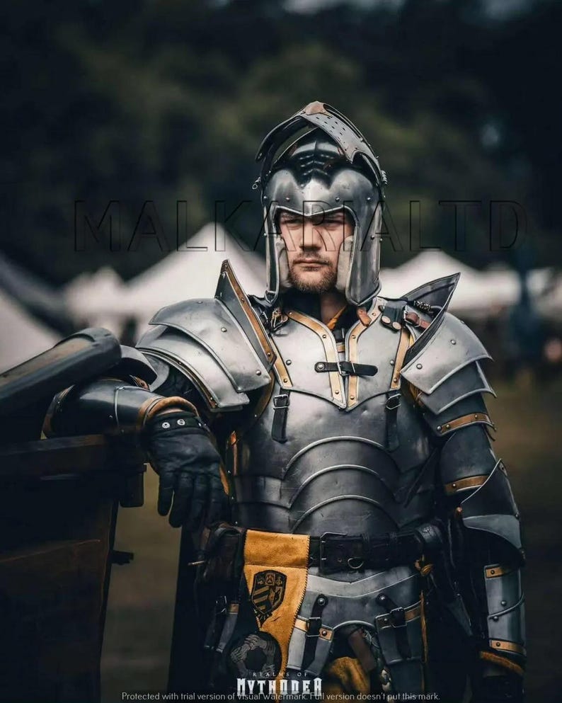 May include: A person wearing medieval armor, including a helmet, shoulder guards, and chest plate. The armor is silver with gold accents and black leather gloves. The person is leaning on a wooden structure. The image has the text "MALKALTD" and "MYTHODER".