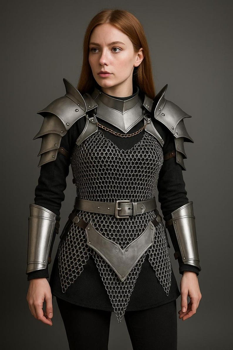 May include: A silver-colored medieval armor set, including shoulder pauldrons, a chainmail shirt, and arm bracers. The armor is worn over a black long-sleeved shirt and pants. A leather belt with a silver buckle cinches the waist. The armor is designed for protection.
