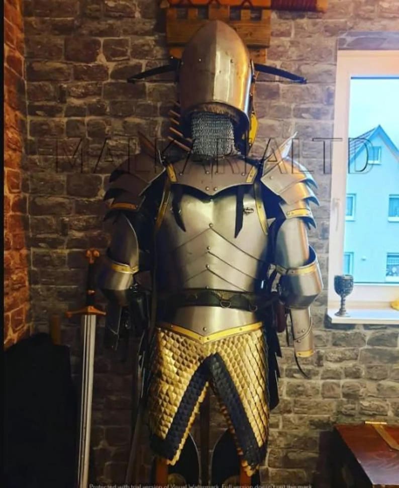 May include: A full suit of medieval armor, including a helmet with a chainmail neck guard, shoulder guards, and a chest plate. The armor is silver with gold accents and is displayed against a brick wall. A sword is visible to the left.