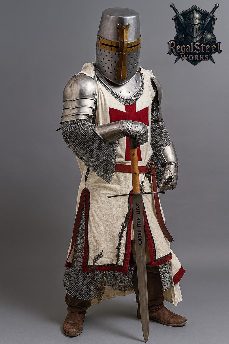 May include: A full suit of medieval armor, including a helmet, chainmail, and a white tunic with a red cross. The knight holds a sword with text on the blade. The armor is silver and gold, and the tunic has red trim.