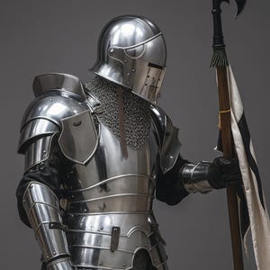 K&ouml;nnte beinhalten: Eine polierte, silberfarbene R&uuml;stung mit Helm, Kettenhemd und beweglichen Platten. Die R&uuml;stung wird mit schwarzen Handschuhen getragen und h&auml;lt einen Holzstab mit einer schwarz-wei&szlig;en Fahne. Das Bild hat ein mittelalterliches Thema.