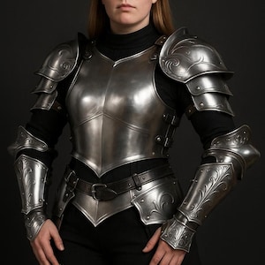 Könnte beinhalten: Eine vollständige Rüstung aus poliertem Stahl, einschließlich Brustpanzer, Schulterschutz, Armschutz und Beinschutz. Die Rüstung weist dekorative Schnörkel auf und wird über einem schwarzen Outfit getragen. Ein schwarzer Gürtel schnürt die Taille.