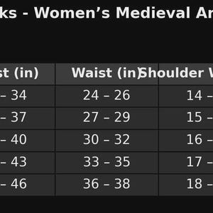 May include: A size chart for RegalSteelWorks medieval armor. The chart includes sizes XS to XL, with chest measurements in inches ranging from 32-46 inches, waist measurements from 24-38 inches, shoulder widths from 14-19 inches, and height ranges from 5'2" to 6'0".