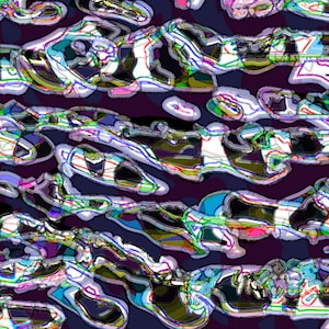 May include: Abstract digital art featuring a colourful, swirling pattern of lines and shapes against a dark purple background.