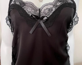Lace Trimmed Silky Babydoll Lingerie Dress with Side Ties (2 Piece Set) Black nightgown sexy gift bridal wedding anniversary nightdress set