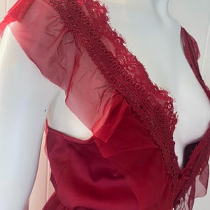 Short red plunge embroidered lace lingerie dress nightgown ruffle sleeveless see through mesh nightly nightdress gift valentines anniversary