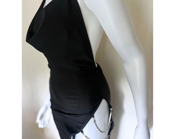 Rhinestone dress party club festival rave sexy little black dress high leg slit short tied around neck backless open back sparkle thigh gift