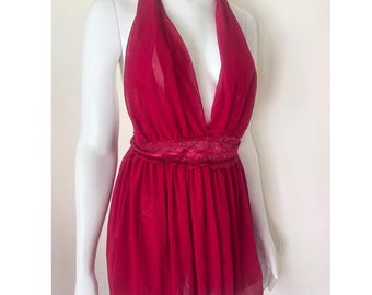 Sheer see through marilyn inspired empress halter plunge lace short nightgown lingerie dress backless open back sleeveless transparent gift