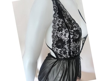 Backless Black Lace Plunge Teddy Lingerie One Piece Sexy See