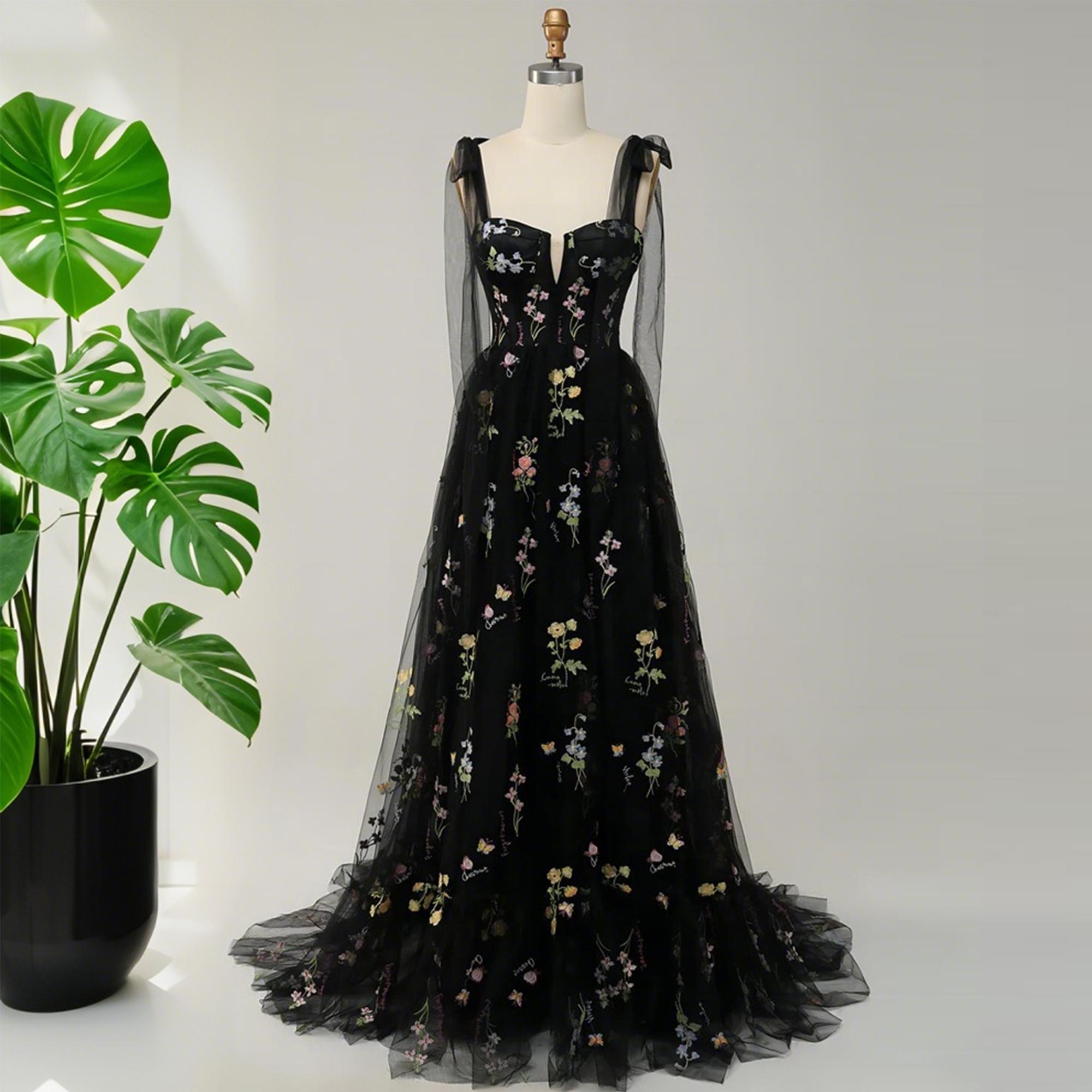 black prom dress with embroidered flowers A-Line Sweetheart Neck Tulle Lace Black Long Prom Dress, Black Long Ev –  shopluu
