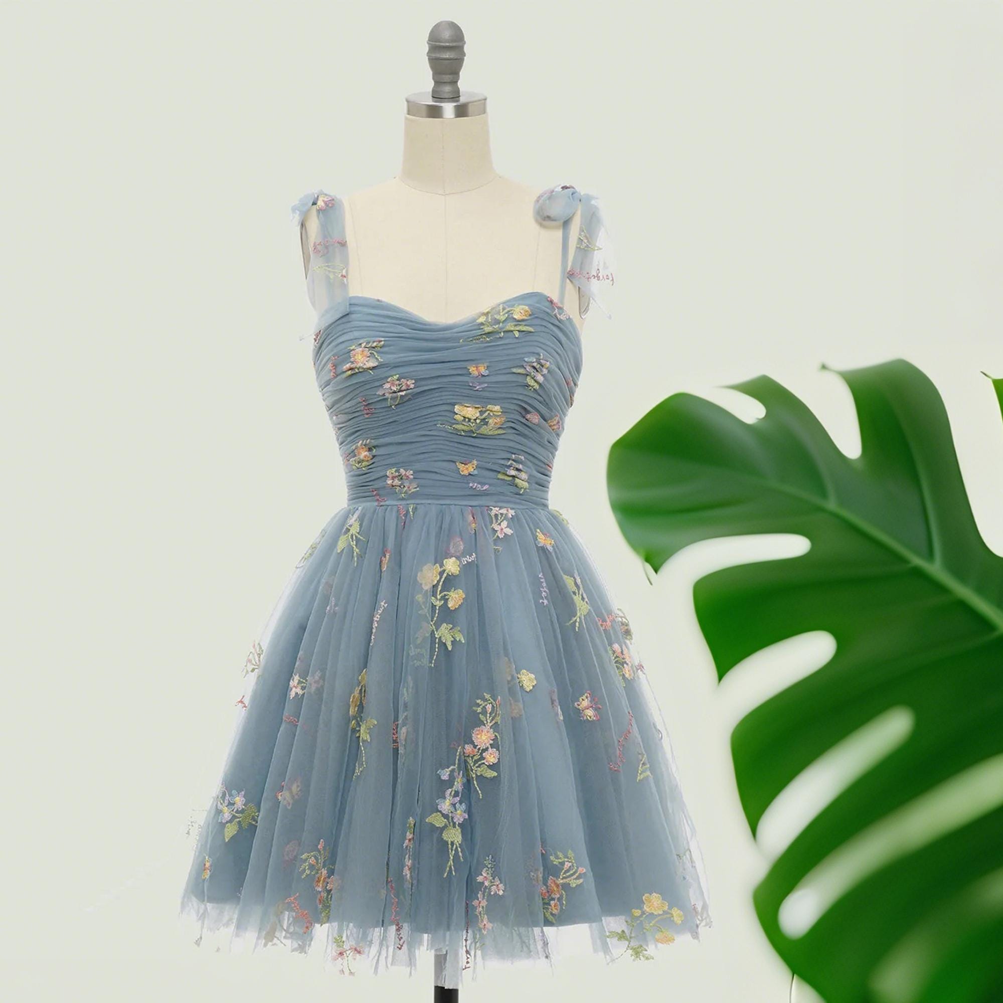 Green Blue Champagne Fairy Dress, Embroidered Boho Tulle Dress, Mini Dress with Straps, Perfect for Summer Party, Prom for Garden Wedding