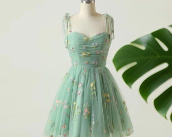 Fairy Embroidered Mini Dress, Summer Floral Wedding Dress, Boho Spaghetti Strap Dress for Beach, Green Blue Champagne Birthday Party Prom