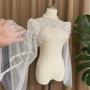 Handcrafted Bridal Bolero with Pearl Sequin, White Tulle Long Sleeve Cape, Elegant Wedding Dress Accessories,Wedding Day Cover-up for Brides