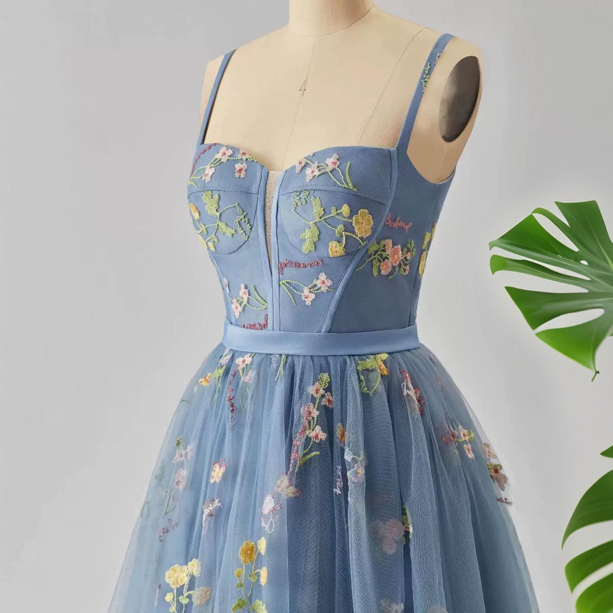 Dreamy Blue Floral Embroidered Mini Dress, Short Tulle Dress for Wedding Bridesmaids, Elegant Proms for Birthday Parties, Summer Vacations