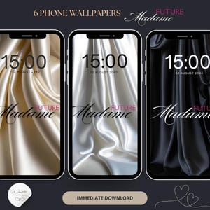 May include: Six phone wallpapers featuring a digital clock displaying 15:00 with the date 02 AUGUST 2040. The background of each wallpaper is a different color of satin fabric. The text "FUTURE Madame" is displayed on each wallpaper.