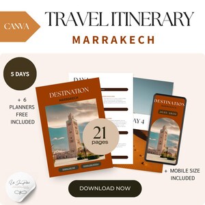 Puede incluir: Un itinerario de viaje digital para Marrakech, Marruecos. El itinerario es de 5 días e incluye 21 páginas. La imagen muestra una página de portada con una foto de un edificio en Marrakech. El texto "DESTINATION MARRAKECH" está en la página de portada. El texto "DESCARGAR AHORA" está en un botón debajo de la página de portada. El texto "+ 6 PLANIFICADORES GRATIS INCLUIDOS" está en el lado izquierdo de la imagen. El texto "+ TAMAÑO MÓVIL INCLUIDO" está en el lado derecho de la imagen.