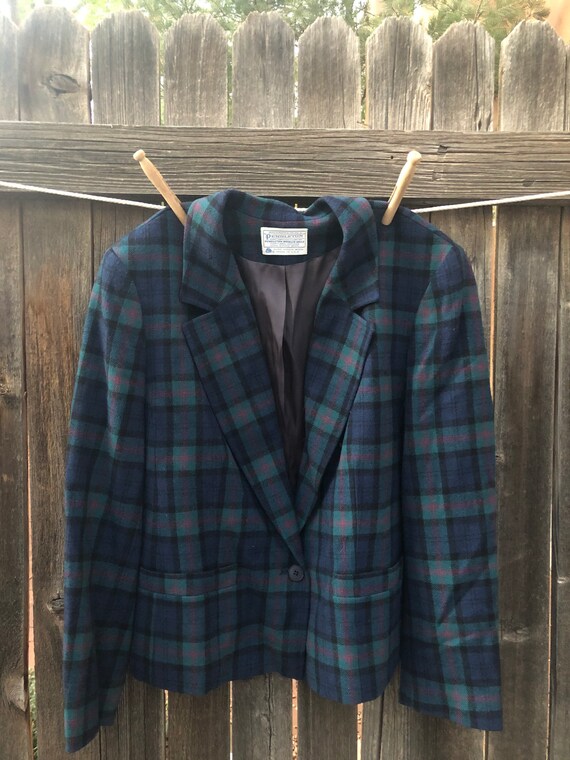 90s Pendleton Plaid Clueless Navy Wool Blazer - M