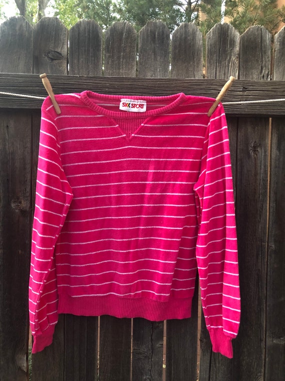 70s Hot Pink Striped Velour Ski Sweater - M
