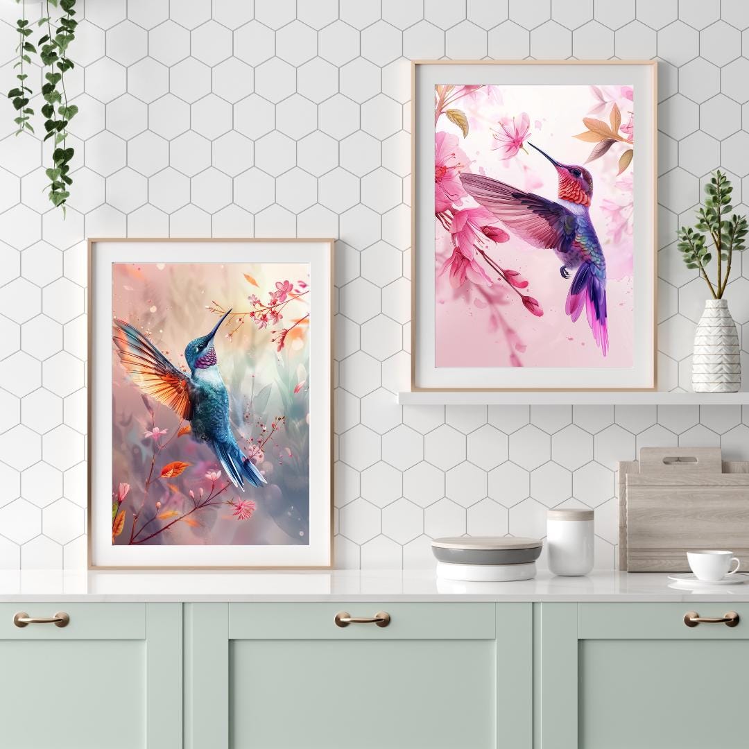 Hummingbird Floral Art Prints: Boho Botanical Set of 2 (digital ...