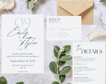 Minimalistische Hochzeitseinladung, Antwort, Details (Digitaler Download)