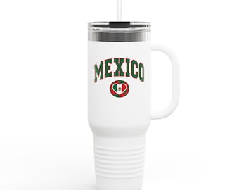 Taza térmica de viaje con la bandera de México en forma de corazón, 40 oz / Vaso patriótico mexicano