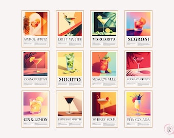 Set of 12 classic cocktails bar cart prints, Classic Cocktail Wall Art, Minimalist Alcohol Prints, Aesthetic Decor, PRINTABLE Art, Mixology.