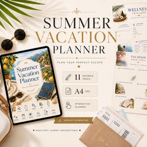 May include: A digital Summer Vacation Planner with the text "Summer Vacation Planner" on a tablet, alongside a "Wellness Tracker" and travel documents. The image includes a cup of coffee, sunglasses, and a small suitcase, suggesting a travel theme.