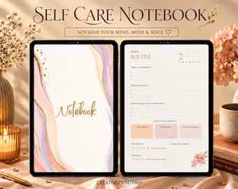 May include: A digital self-care notebook displayed on two tablets. The left screen shows a cover with abstract pink, purple, and gold swirls and the word Notebook. The right screen shows a daily routine planner page with sections for goals.