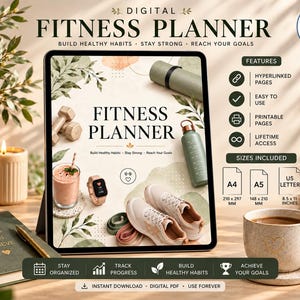 Op de afbeelding: Een digitale fitnessplanner op een tabletscherm met de tekst FITNESS PLANNER, BUILD HEALTHY HABITS, STAY STRONG, REACH YOUR GOALS. Het scherm toont een yogamat, waterfles, dumbbells, een smoothie en sportschoenen.