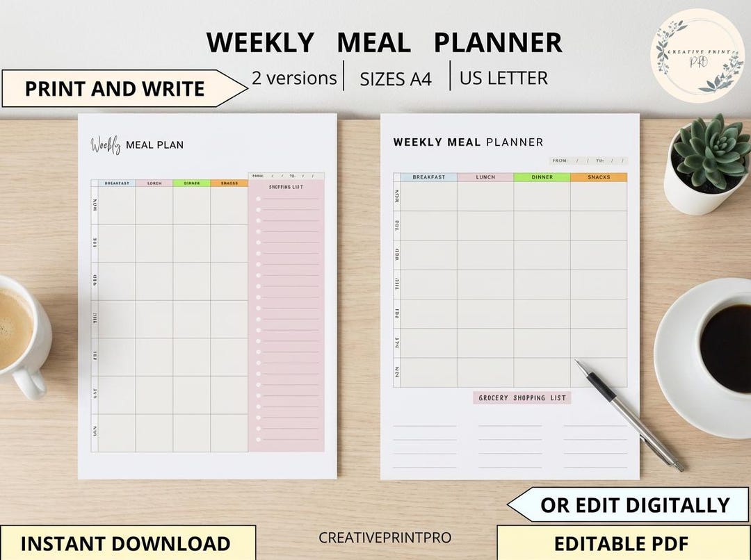 Weekly Meal Planner, Meal Plan Tracker Printable , Grocery List. - Etsy