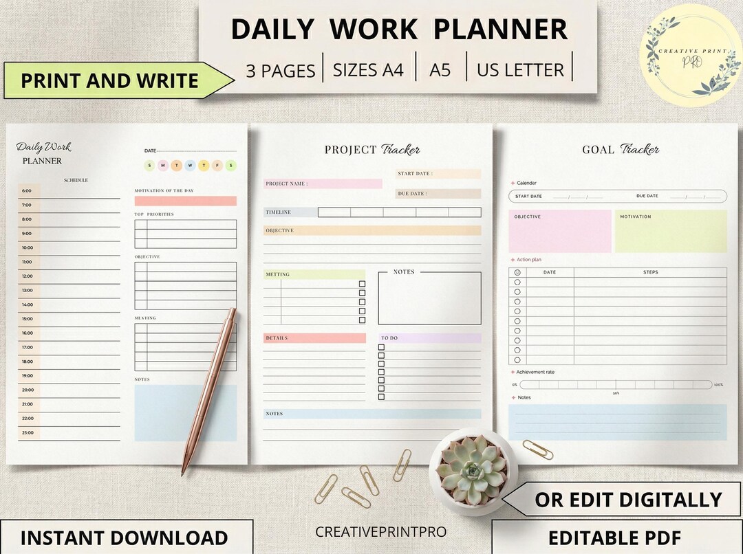 Daily Work Planner Printable | Productivity Planner PDF | Goal ...