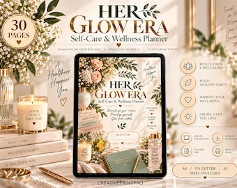 May include: A digital tablet displays the Her Glow Era Self-Care & Wellness Planner cover featuring floral graphics and text. The screen shows 30 pages, A4, US Letter, and A5 sizes. Surrounding elements include a candle, books, and icons for stress reduction, habit building, and device compatibility.