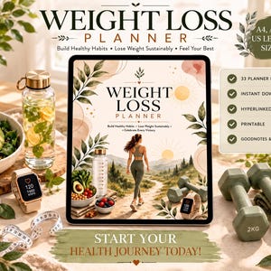 May include: A digital weight loss planner displayed on a tablet screen, featuring a cover illustration of a person walking on a path. The planner includes 33 pages, is a hyperlinked PDF, and is compatible with Goodnotes and Notability.