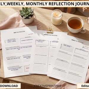 Daily Weekly Monthly Reflection Journal, Anxiety Relief, Personal Development Planner , Mental wellness Prompts.
