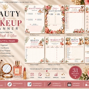 Pode incluir: Um conjunto de planejador digital de beleza e maquiagem com 31 páginas e detalhes florais. O layout inclui seções para visão de beleza, rotinas diárias, inventário de maquiagem, cuidados com a pele, orçamento e reflexões mensais.