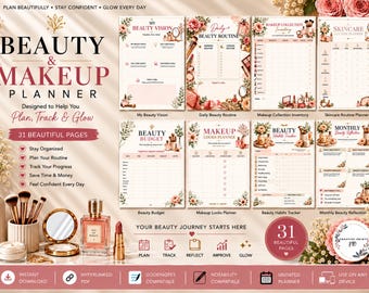 May include: A digital beauty and makeup planner set featuring 31 pages with floral accents. The layout includes sections for beauty vision, daily routines, makeup inventory, skincare, budget, looks, habits, and monthly reflections in a soft pink palette.