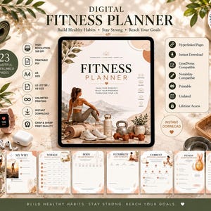 Op de afbeelding: Een digitale fitnessplanner op een tabletscherm, met een omslag waarop een persoon traint in een berglandschap. De planner bevat 23 gelinkte pagina's, printbare PDF-opties in A4 en US Letter-formaat, en diverse tracking-hulpmiddelen.