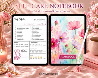 May include: Two digital tablets displaying a self-care notebook. The left screen shows a daily checklist with sections for workout, sleep, water, and mood. The right screen features a watercolor floral cover with the text NOTEBOOK.
